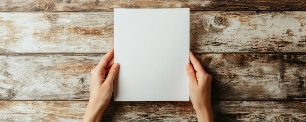 A hand presenting a blank paper poster, ideal for showcasing restaurant menu designs, set against a customizable background.