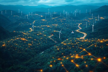 Wind Turbines Powering a Sustainable Future: Aerial View of a Wind Farm at Night