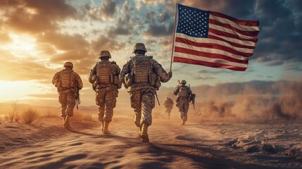 USA 4th of July, independence day, usa army soldiers holding American flag