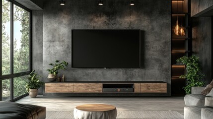 Modern Living Room Interior with TV Wall Mount on Cabinet and Concrete Wall
