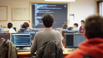 A live coding session in a college classroom, where students tackle programming exercises and the professor demonstrates coding techniques.