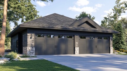 Obraz premium A home s exterior showcasing gray double garage doors and a stone wall with plenty of copy space for images
