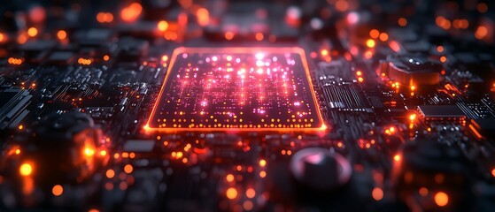 Close-up of a Glowing Circuit Board with a Computer Chip