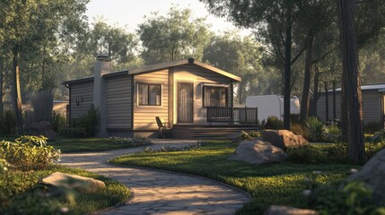 A recently built mobile home located within a community specifically designed for retired individuals.