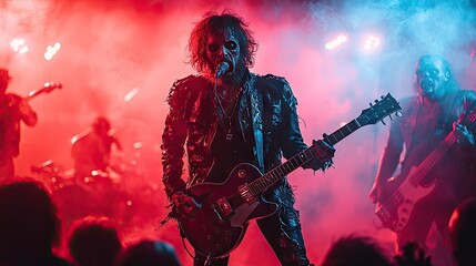 A zombie rock band performing in a post-apocalyptic nightclub, with electric guitars, decaying band members, neon lights, and an undead audience.