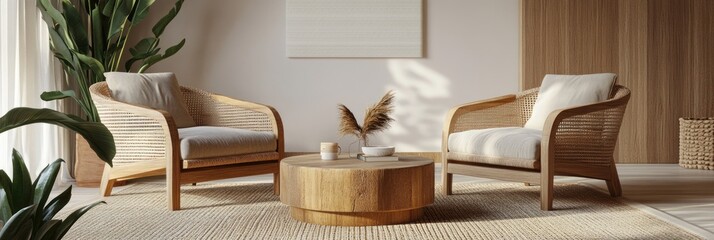 Cozy Scandinavian Living Room Interior with Wooden Armchairs and Coffee Table. Modern Home Design with Woven Furniture. 3D Rendering