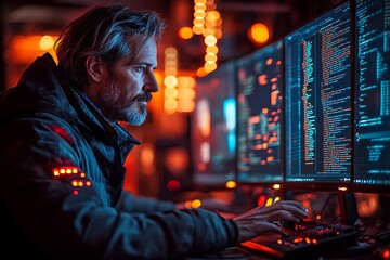 Fototapeta premium Focused Programmer Working Late at Night on Code