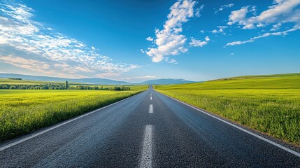 Wide open road leading into the horizon with clear blue sky and white clouds