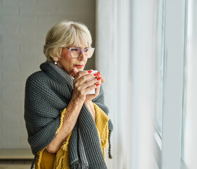 woman cup female winter cold tea senior drink hot flu retirement elderly fever sick illness health virus