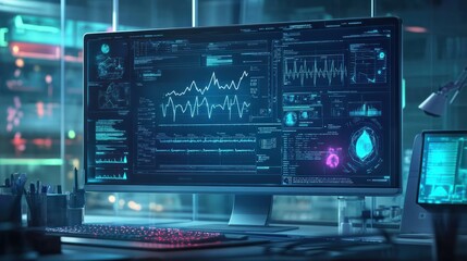 Fototapeta premium Banner of clinic hospital record or digital file of information and test exam results logged in database or booking appointment doctor medical health care display on computer screen