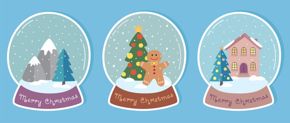 Hand drawn stickers with cute snow globes. Merry Christmas concept	