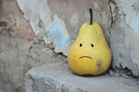 A pear with a sad face lying next to a wal saad food