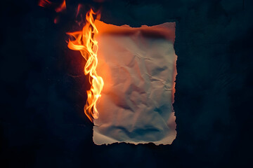 A piece of paper on fire dark background