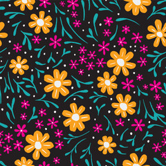 Seamless vector Floral pattern. Hand drawn cute colorful flowers on black background, textile