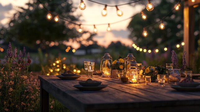 A warm summer evening at a farmhouse, with a rustic wooden table set for a garden party, complete with string lights and lanterns