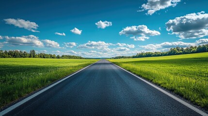 Wide open road leading into the horizon with clear blue sky and white clouds