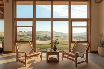 Rustic Living Room with Two Wooden Chairs and Countryside View