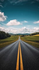 Wide open road leading into the horizon with clear blue sky and white clouds