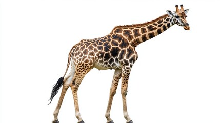 Fototapeta premium Here is a picture of a giraffe. It's standing by itself on a pure white backdrop. The image shows the giraffe from the side.