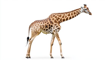 Naklejka premium Here is a picture of a giraffe. It's standing by itself on a pure white backdrop. The image shows the giraffe from the side.