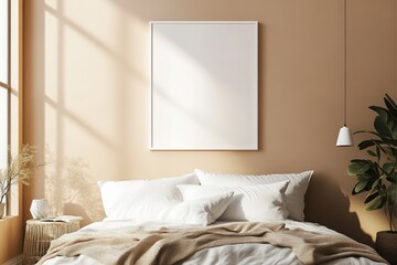 Minimalist Bedroom Interior with Beige Walls and Empty Poster Frame