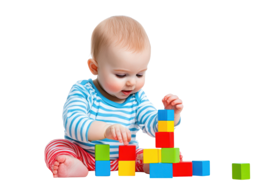 Baby playing with colorful building blocks isolated on transparent background.