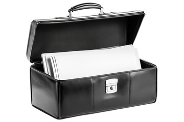 Black leather briefcase with papers isolated on transparent background.