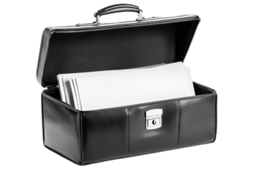 Black leather briefcase with papers isolated on transparent background.