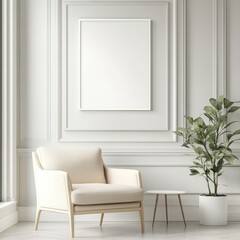 Cozy Minimalist Interior Design with Beige Armchair and White Poster