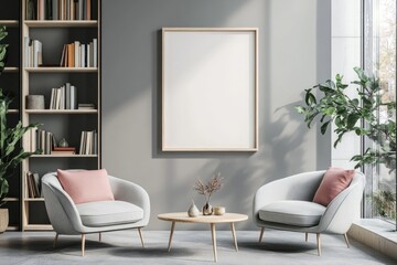Modern Living Room Interior Design with Armchairs and Bookshelf, Poster Mock-up