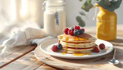 Juicy pancakes with berries and honey on a white plate, spoon, jar, wooden table, yellow vase with eucalyptus