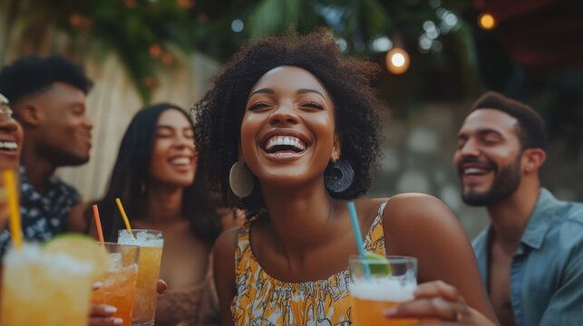 Multiracial group of friends having fun at backyard home party Young people laughing together drinking cocktails at bar restaurant Focus on black woman : Generative AI
