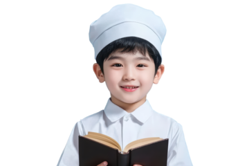 Child chef holding a book isolated on transparent background.