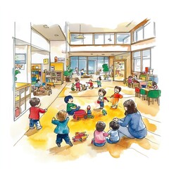 Naklejka premium Children playing in a daycare center kindergarten. AI generated image