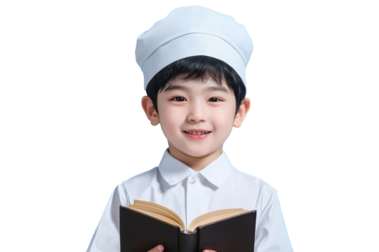 Child chef holding a book isolated on transparent background.