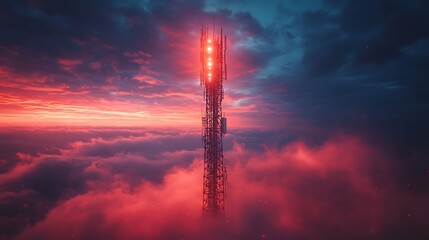 Communication Tower Silhouette Against a Dramatic Sunset Sky
