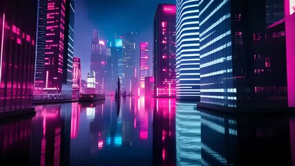Futuristic city skyline at night with glowing pink and blue neon lights reflected on water, showcasing modern urban architecture and technology.

