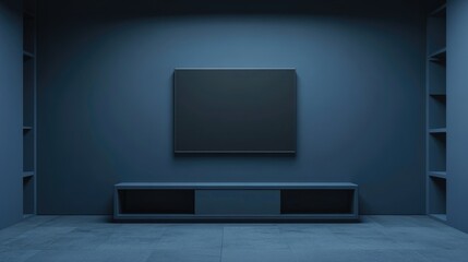 Modern Living Room Interior with TV Cabinet Against Dark Blue Wall