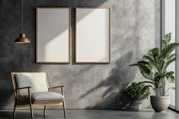 Minimalist Living Room Interior with Vertical Frames and Velvet Armchair