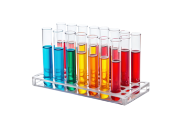 Colorful test tubes filled with liquids isolated on transparent background.
