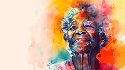 Portrait of a beautiful cheerful elderly woman in watercolor with an abstract colored background. Happy senior woman enjoying of life, active lifestyle, emotional health.