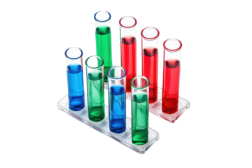 Colorful test tubes with liquids isolated on transparent background.