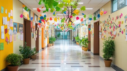 Fototapeta premium Creative kindergarten hallway decorated with a tree. AI generated image