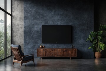 Modern Living Room Interior with Vintage Cabinet TV and Cozy Armchair