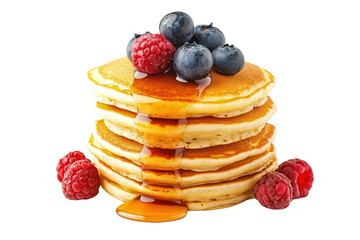 Delicious pancakes topped with berries and syrup isolated on transparent background.