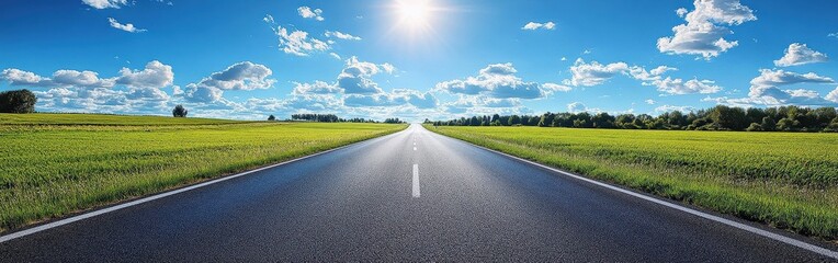 Fototapeta premium Wide open road leading into the horizon with clear blue sky and white clouds