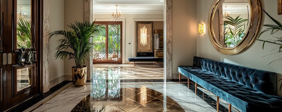 An elegant foyer with a marble floor, a grand gold mirror, and velvet bench seating This entrance sets a lavish tone for the rest of the home