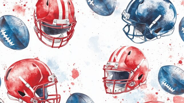 This image features a repeating pattern of vibrant watercolor painted red and blue football helmets and balls, with splashes of color, capturing the sports theme in an artistic style.