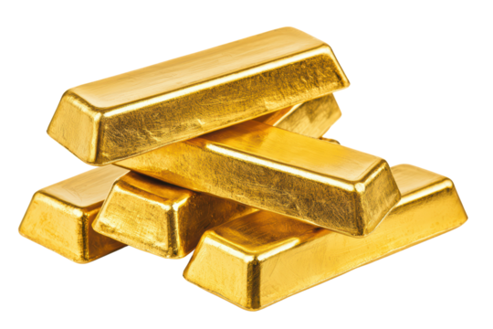 Gold bars stacked on a white isolated on transparent background.