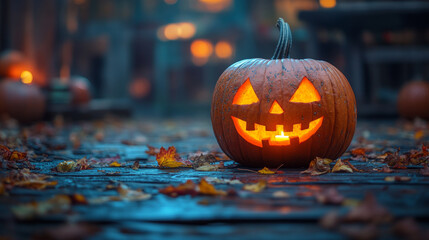 A carved jack-o'-lantern sits on a wooden porch, glowing in the twilight.